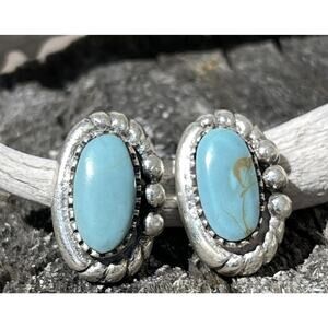 Western Turquoise Stud Earrings Sterling Silver Navajo Style Oval 925 Southwest